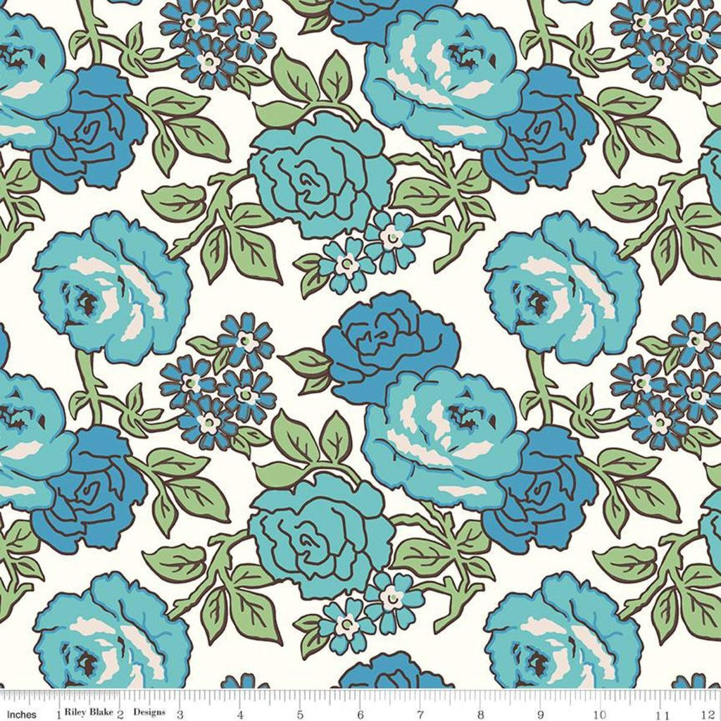 White Floral Blue Stitch Collection Cotton Fabric by Riley Blake Designs