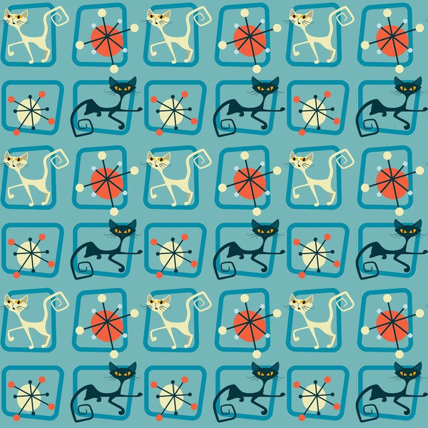 1950s Atomic Cats Pattern 9 Fabric - Blue - ineedfabric.com