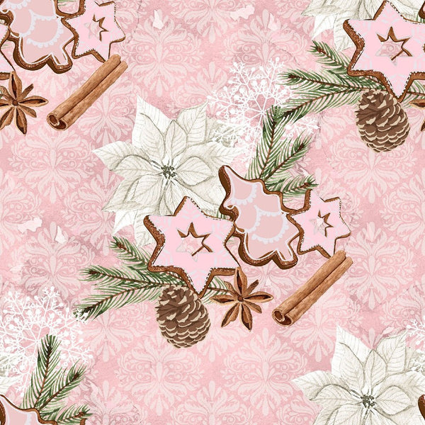 Christmas Elements on Snowflakes Fabric - Pink - ineedfabric.com