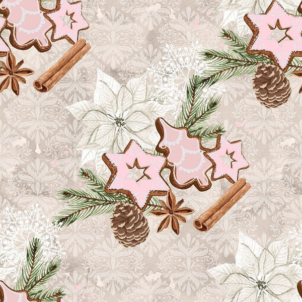 Christmas Elements on Snowflakes Fabric - Tan - ineedfabric.com