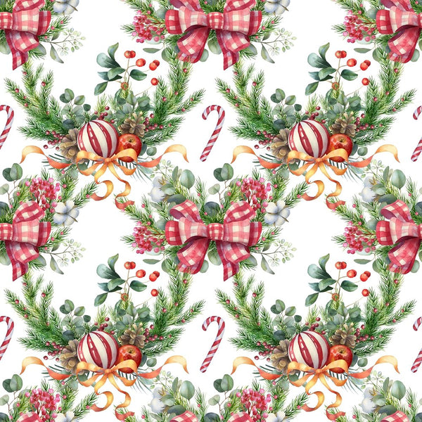 Christmas Farmhouse Bow Wreath Fabric - White - ineedfabric.com