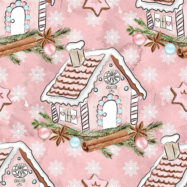 Gingerbread Houses on Snowflakes Fabric - Pink - ineedfabric.com