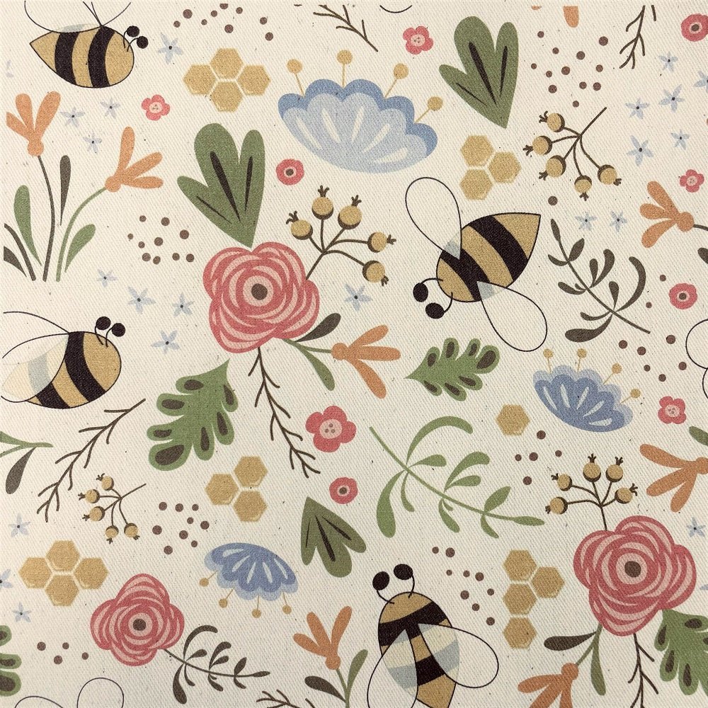 Hand Drawn Cartoon Bee Bright Flowers Fabric - White, Size: Yard