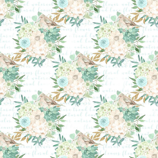 Mint Dreams Bouquets on Words Fabric - White - ineedfabric.com