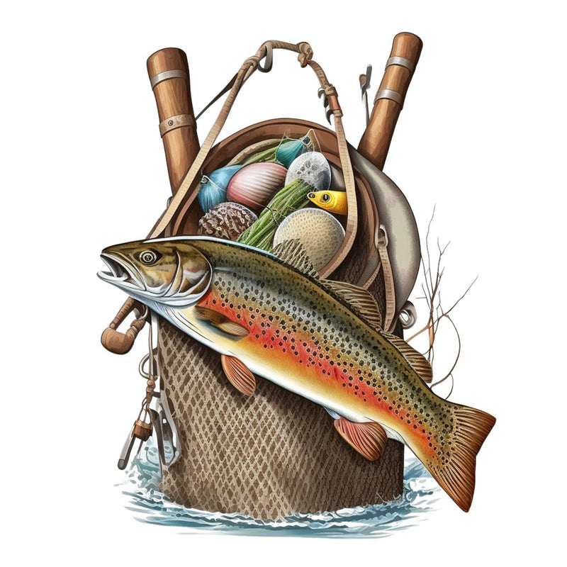 Trout Fishing Creel 4 Fabric Panel White Canvas / 23 Inches by 23 Inches