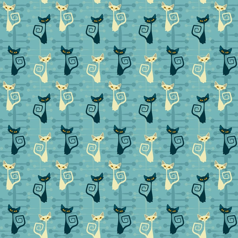 1950s Atomic Cats Pattern 10 Fabric - Blue - ineedfabric.com