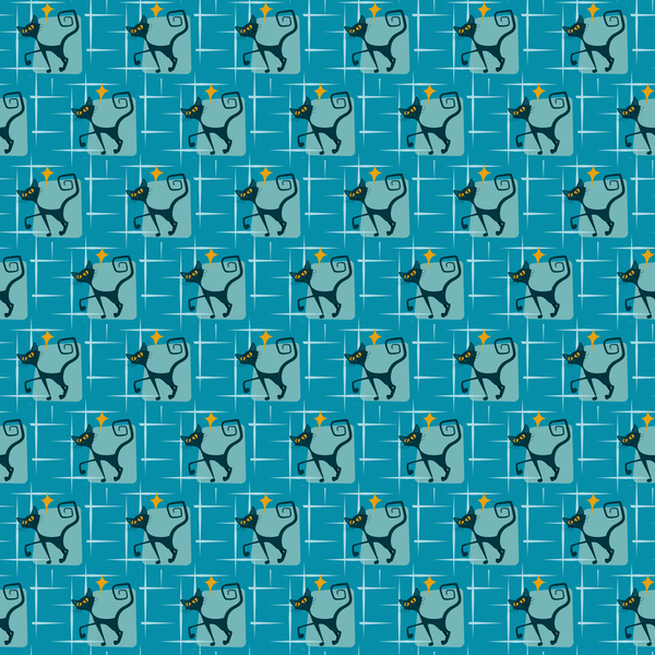 1950s Atomic Cats Pattern 7 Fabric - Blue - ineedfabric.com