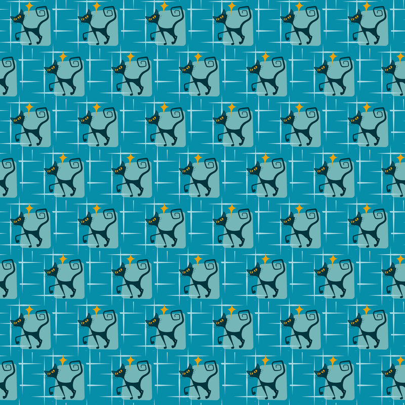 1950s Atomic Cats Pattern 7 Fabric - Blue - ineedfabric.com