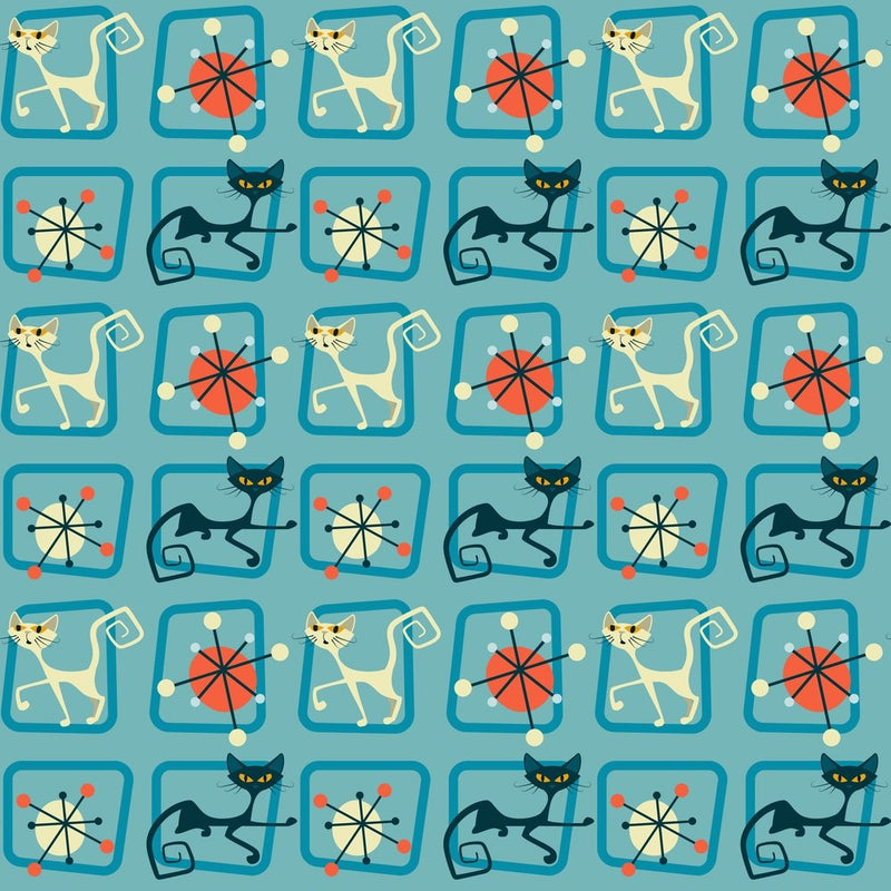 1950s Atomic Cats Pattern 9 Fabric - Blue - ineedfabric.com