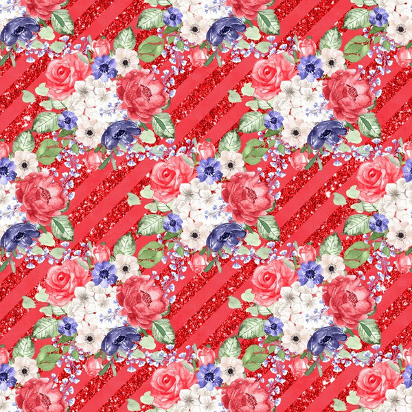 4th of July Floral on Stripes Fabric - Red - ineedfabric.com