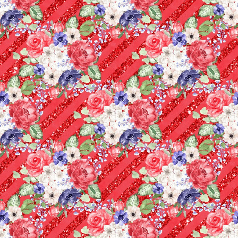 4th of July Floral on Stripes Fabric - Red - ineedfabric.com