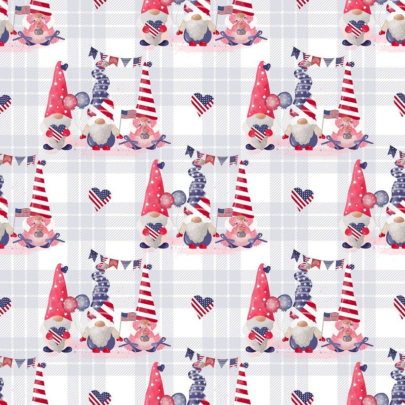 4th of July Gnomes on Plaid Fabric - Blue - ineedfabric.com