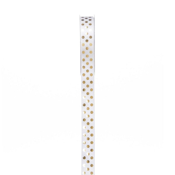 5/8 inch White Satin Ribbon with Metallic Gold Dots, 3 yards - ineedfabric.com
