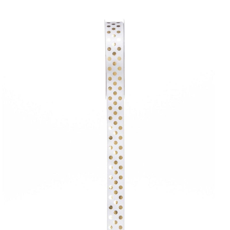 5/8 inch White Satin Ribbon with Metallic Gold Dots, 3 yards - ineedfabric.com