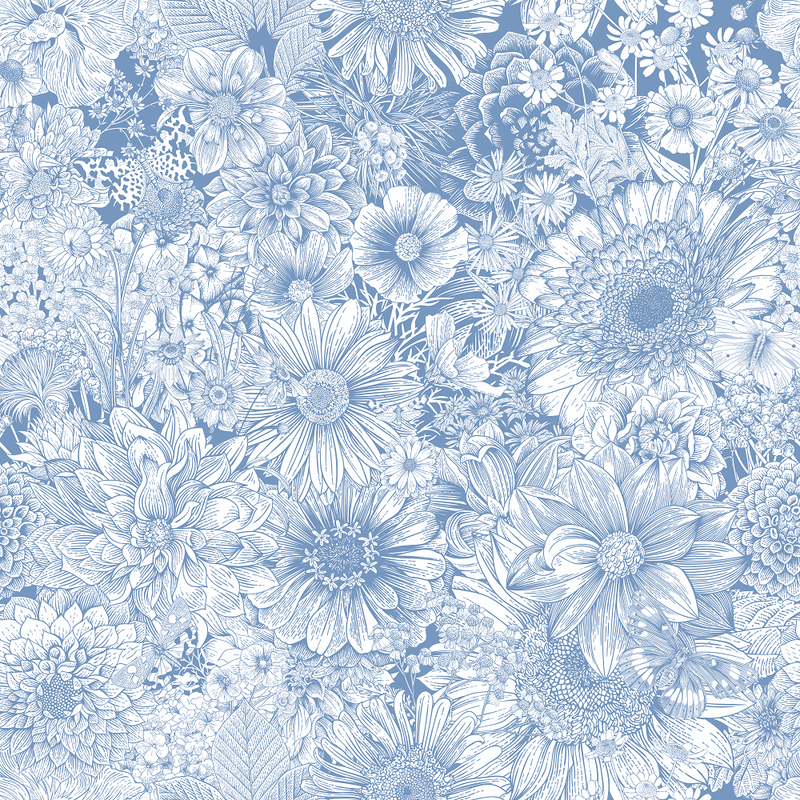 70s Flowers & Butterflies Fabric - Dockside Blue - ineedfabric.com