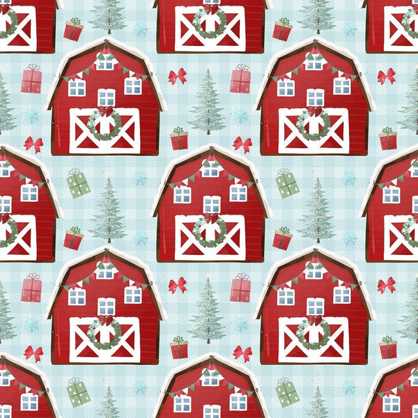 A Country Christmas Barn Fabric - Blue - ineedfabric.com
