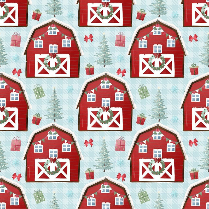 A Country Christmas Barn Fabric - Blue - ineedfabric.com