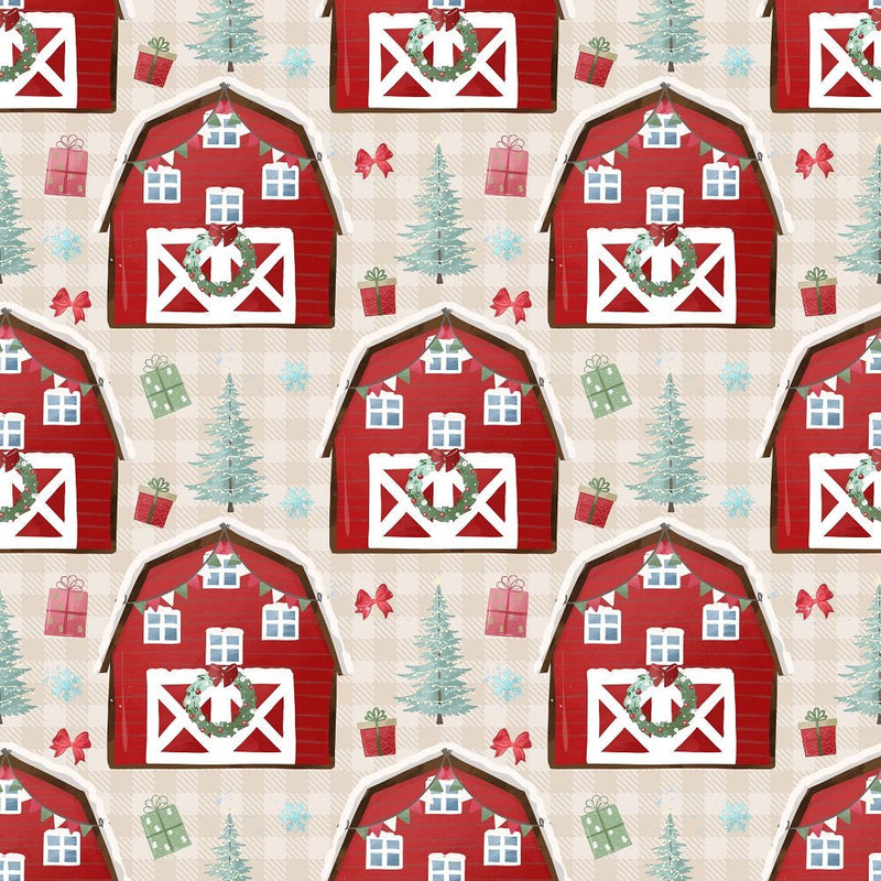 A Country Christmas Barn Fabric - Tan - ineedfabric.com