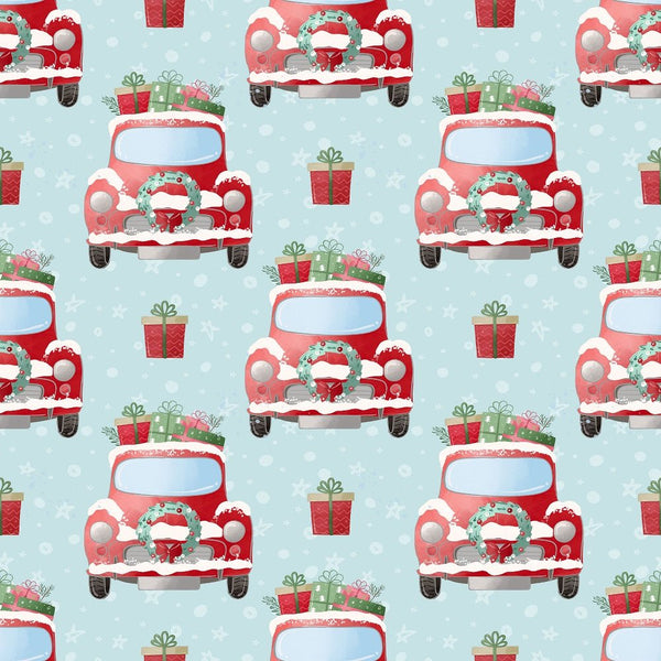 A Country Christmas Truck Fabric - Blue - ineedfabric.com