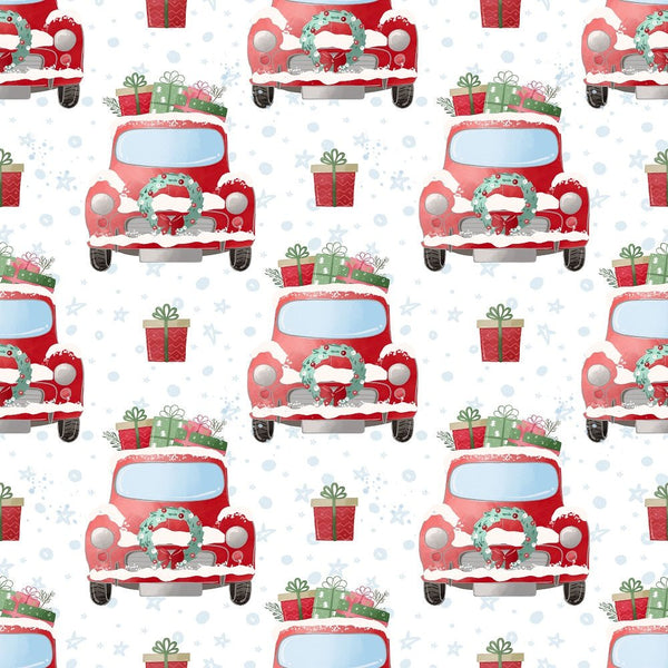 A Country Christmas Truck Fabric - White - ineedfabric.com