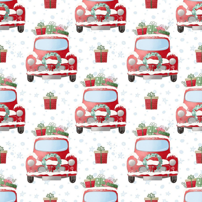 A Country Christmas Truck Fabric - White - ineedfabric.com