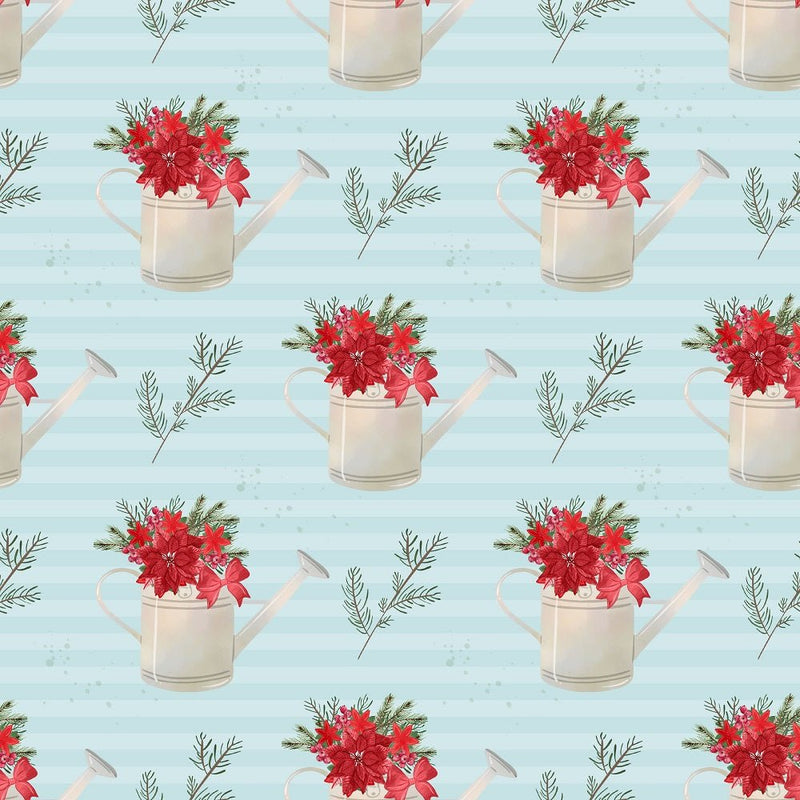 A Country Christmas Water Cans on Stripes Fabric - Blue - ineedfabric.com