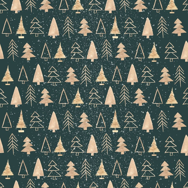 A Nordic Christmas Gold Trees Fabric - Dark Green - ineedfabric.com