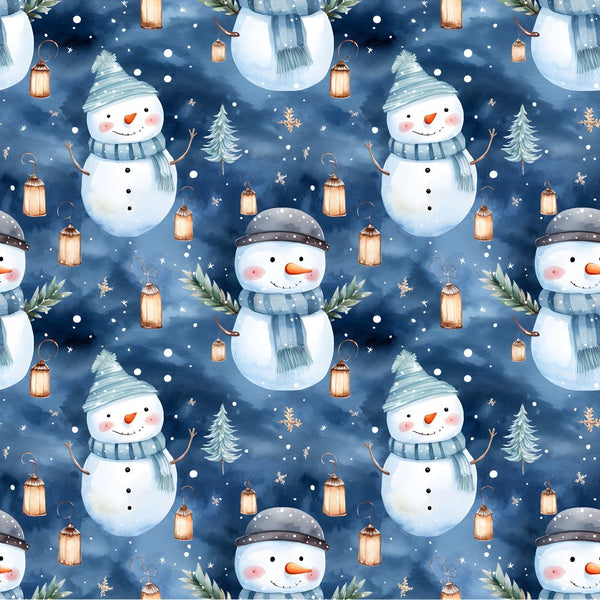 A Snowmans Winter at Night with Lanterns 1 Fabric - ineedfabric.com