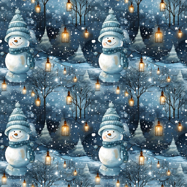 A Snowmans Winter at Night with Lanterns 2 Fabric - ineedfabric.com