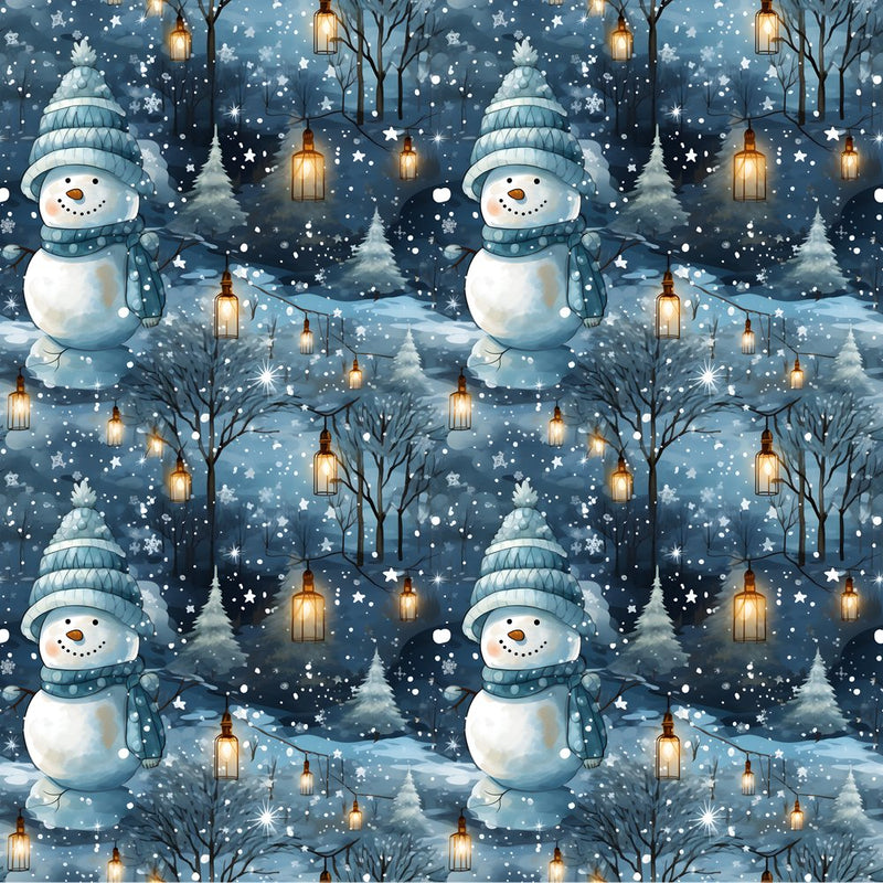 A Snowmans Winter at Night with Lanterns 2 Fabric - ineedfabric.com