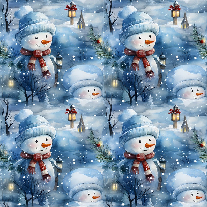A Snowmans Winter at Night with Lanterns 3 Fabric - ineedfabric.com