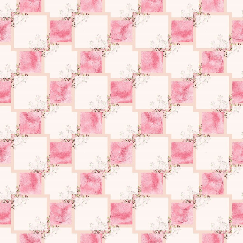 Abstract Squares with Cherry Blossom Bouquets Fabric - Pink - ineedfabric.com