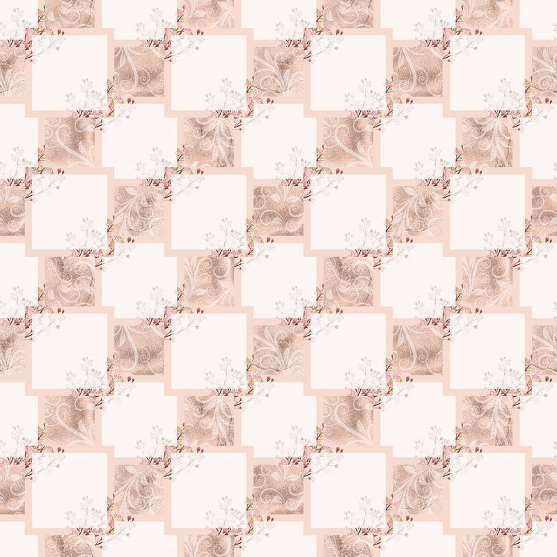 Abstract Squares with Cherry Blossom Bouquets Fabric - Tan - ineedfabric.com