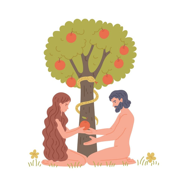 Adam and Eve at the Apple Tree Cartoon Fabric Panel - ineedfabric.com