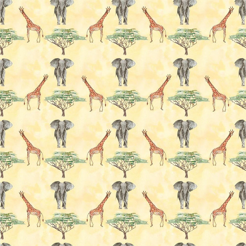 African Giraffes & Elephants Fabric - Tan - ineedfabric.com