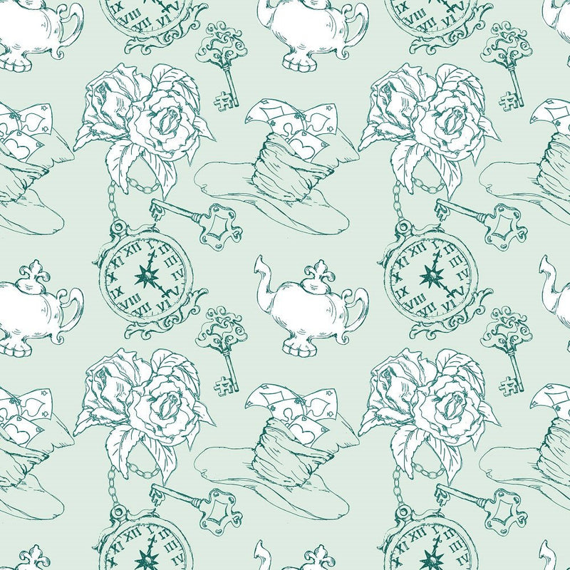 Alice in Wonderland Allover Fabric - Green - ineedfabric.com