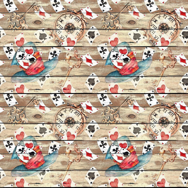 Alice in Wonderland Cards and Hats on Wood Fabric - ineedfabric.com