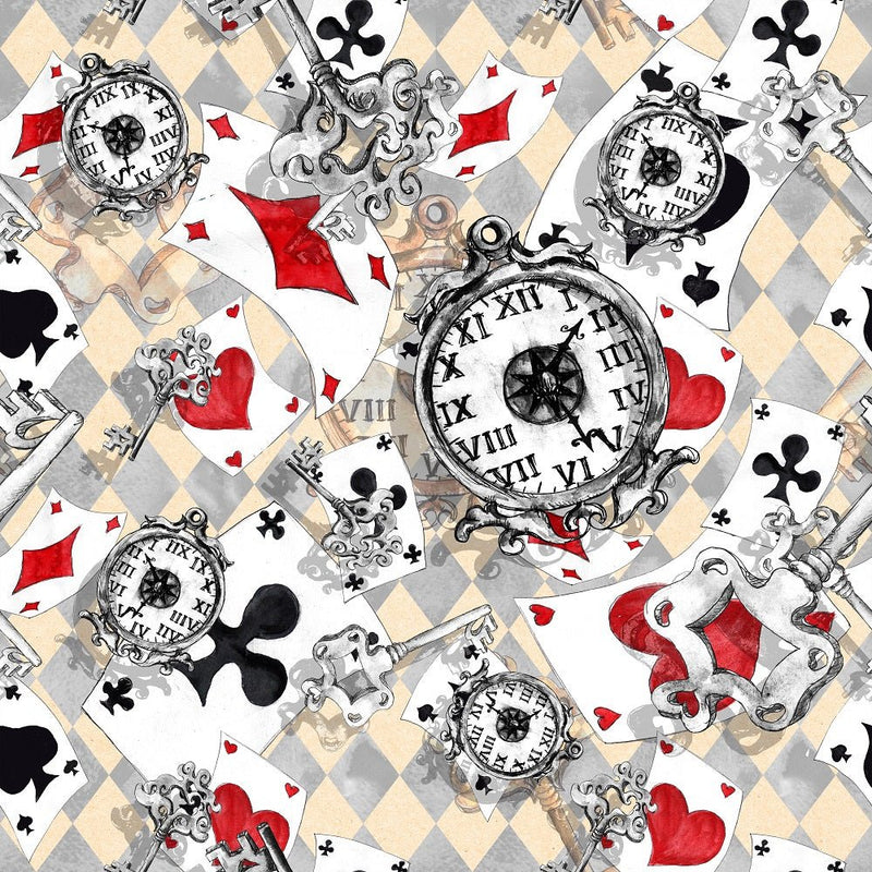 Alice in Wonderland Cards and Watch Fabric - Tan - ineedfabric.com