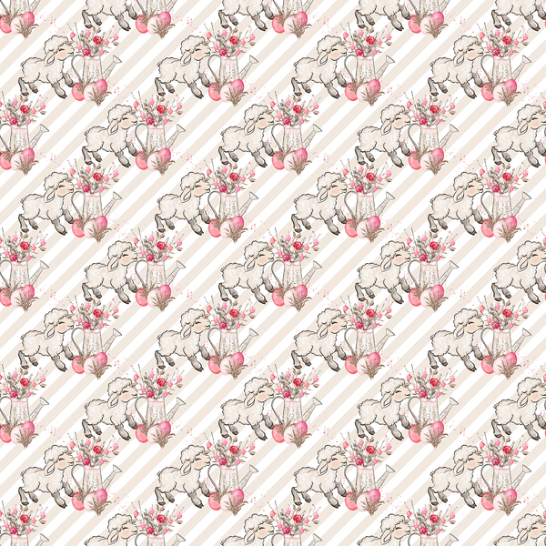 Allover Easter Flowers & Lamb on Stripes Fabric - Cream - ineedfabric.com