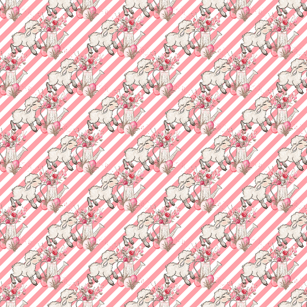 Allover Easter Flowers & Lamb on Stripes Fabric - Pink - ineedfabric.com