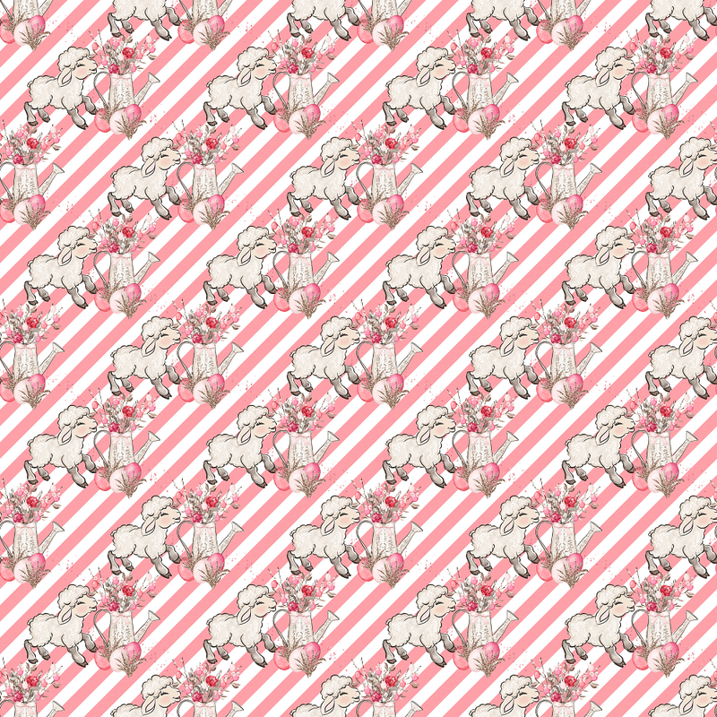 Allover Easter Flowers & Lamb on Stripes Fabric - Pink - ineedfabric.com