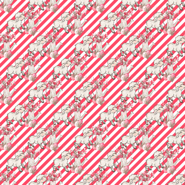 Allover Easter Flowers & Lamb on Stripes Fabric - Red - ineedfabric.com