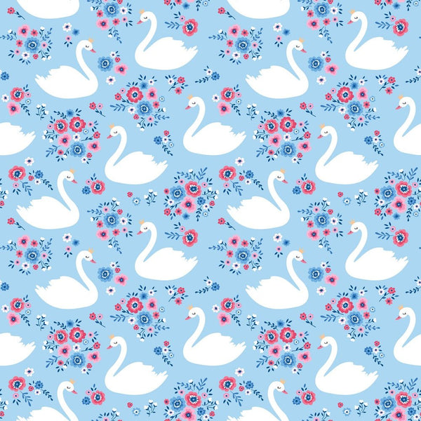 Allover Swan and Flowers Fabric - Blue - ineedfabric.com