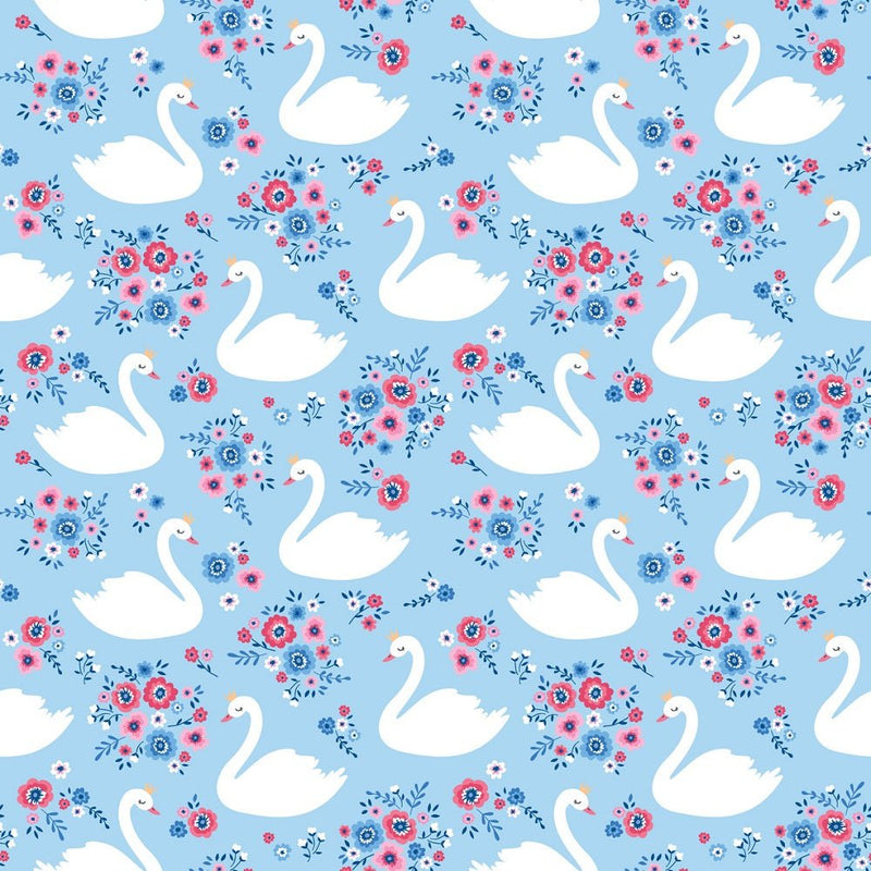 Allover Swan and Flowers Fabric - Blue - ineedfabric.com