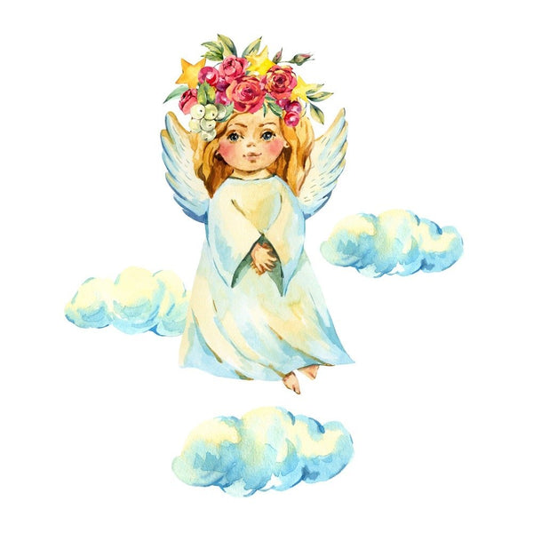 Angel With Flower Crown In The Clouds Fabric Panel - ineedfabric.com