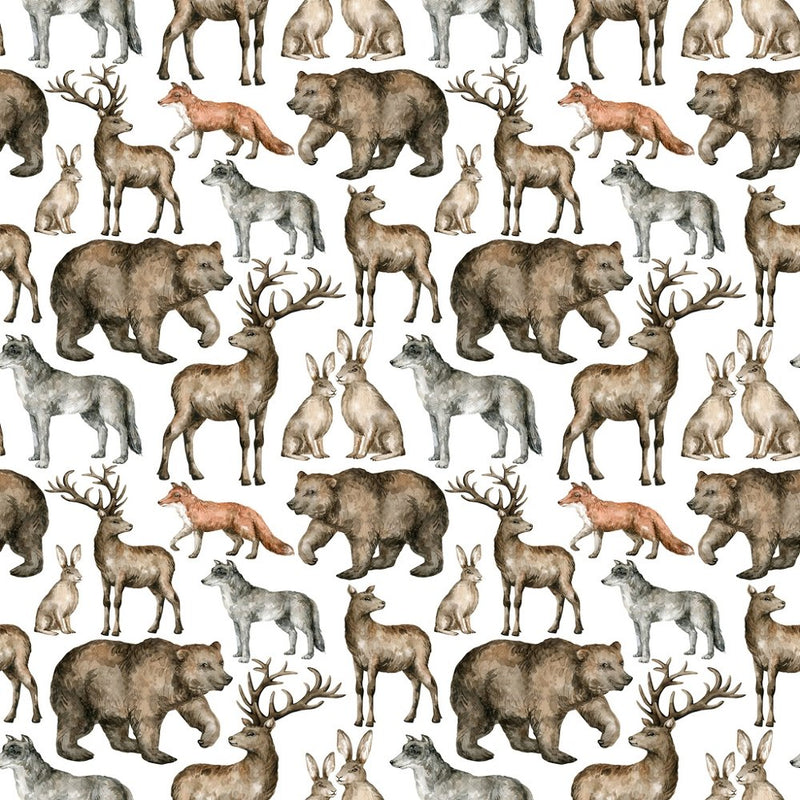 Assorted Packed Wildlife Watercolor Fabric - White - ineedfabric.com