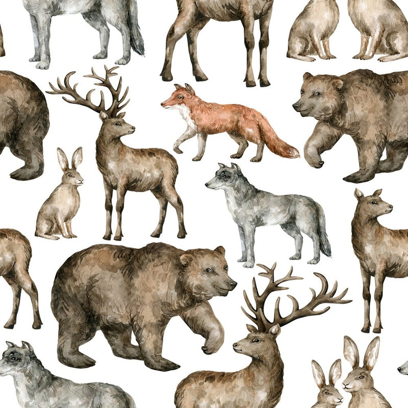 Assorted Wildlife Watercolor Fabric - White - ineedfabric.com