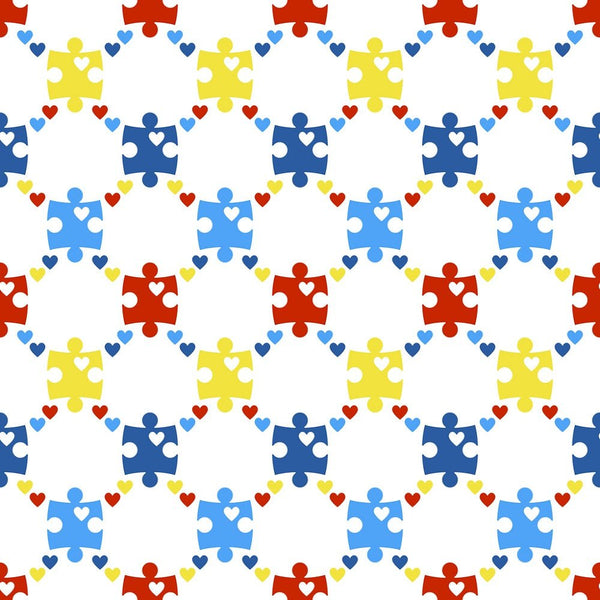 Autism Awareness Geometric Hearts & Puzzle Pieces Fabric - ineedfabric.com