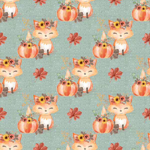 Autumn Foxes & Pumpkins Striped Fabric - Blue - ineedfabric.com