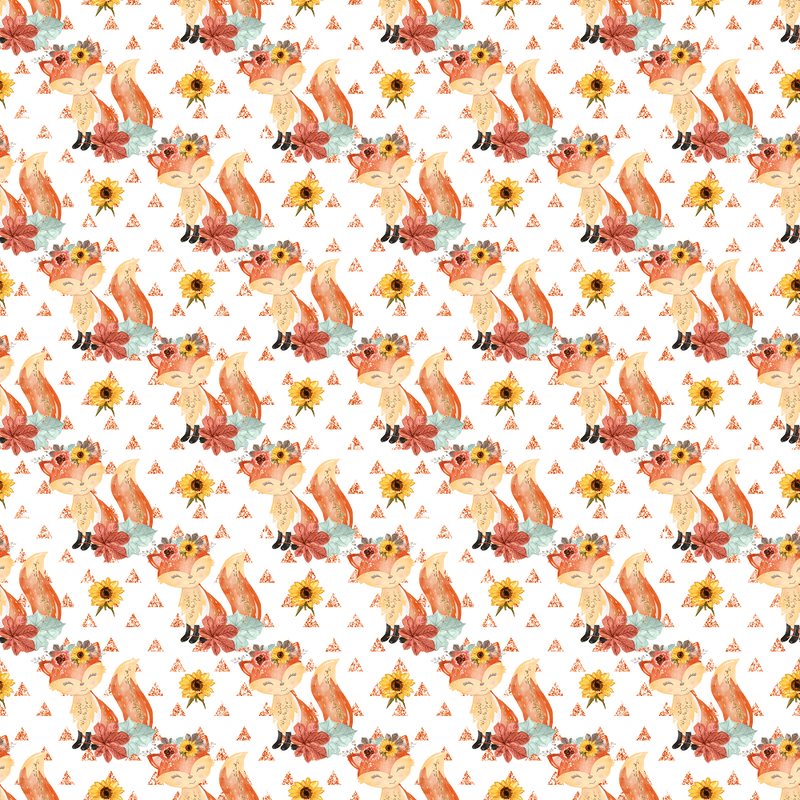 Autumn Foxes & Sunflowers Fabric - White - ineedfabric.com